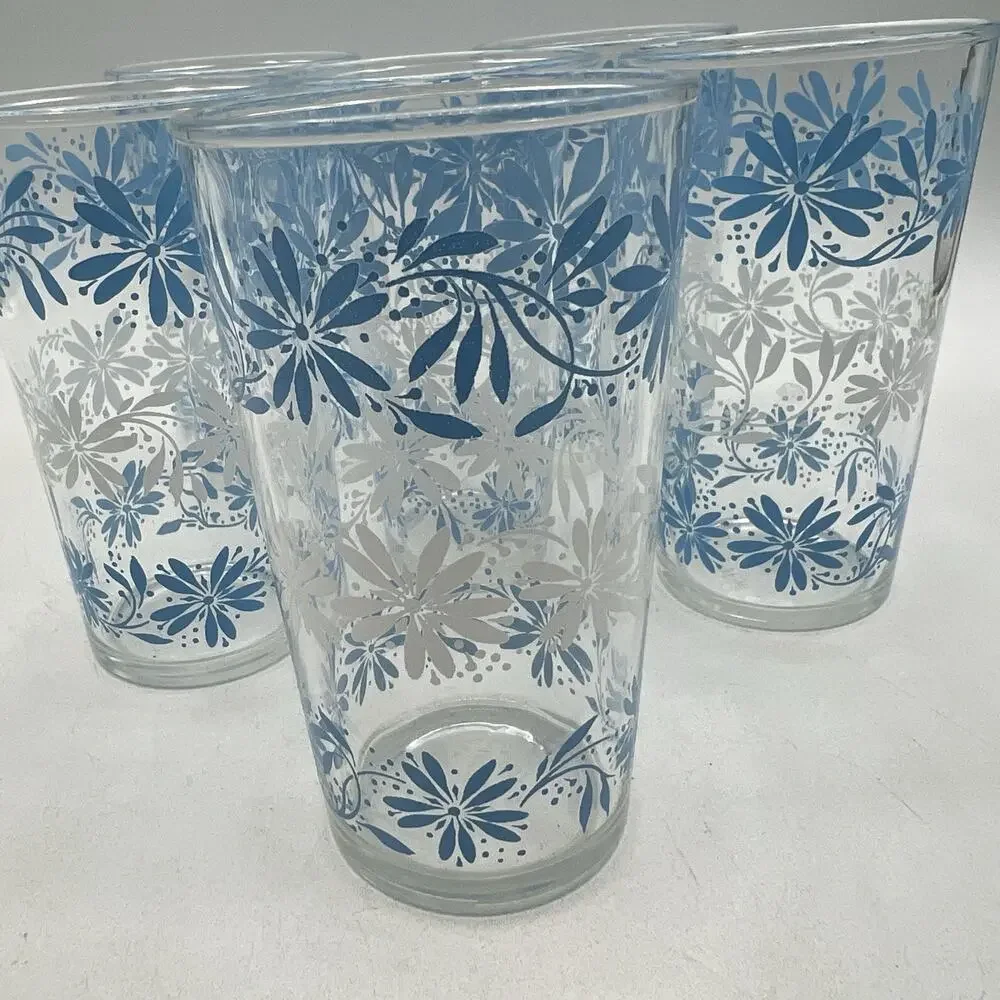 Set 6 Hazel Atlas Drinking Juice Glasses 1960s Blue White Daisies Flowers 4.5